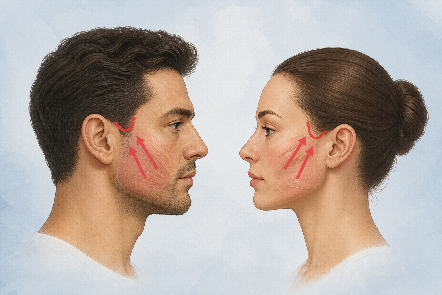 Educational illustration of traction vectors and the preauricular region in Microlifting Refine